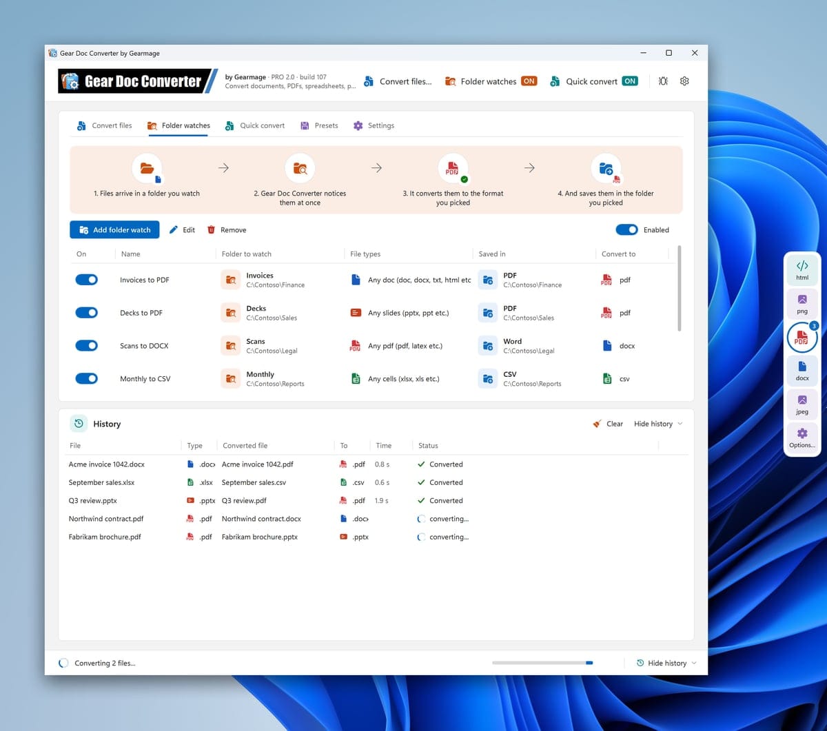 Gear Doc Converter on the Windows desktop: the Gearmage header, named folder watches converting Word, PowerPoint and PDF files, the history with the time each took, and a Quick convert button snapped to the screen's edge with its formats in a strip