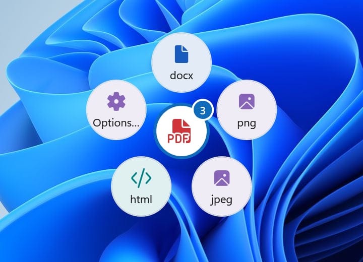 A Quick convert button on the Windows desktop with three Word files dragged onto it: pdf in the middle, and docx, png, jpeg, html and Options... around it