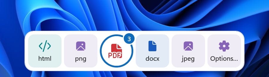 The same button snapped to the bottom edge of the screen: its formats in a strip along the edge, pdf in the middle