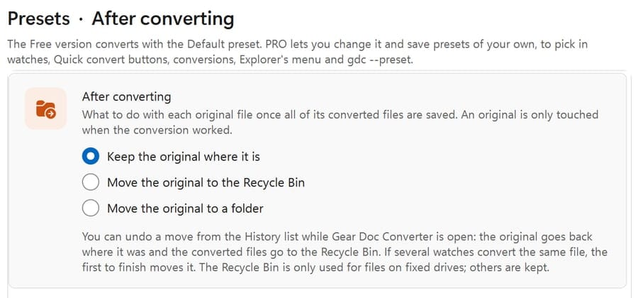 Presets, After converting: keep the original, move it to the Recycle Bin or move it to a folder, with Undo from the history