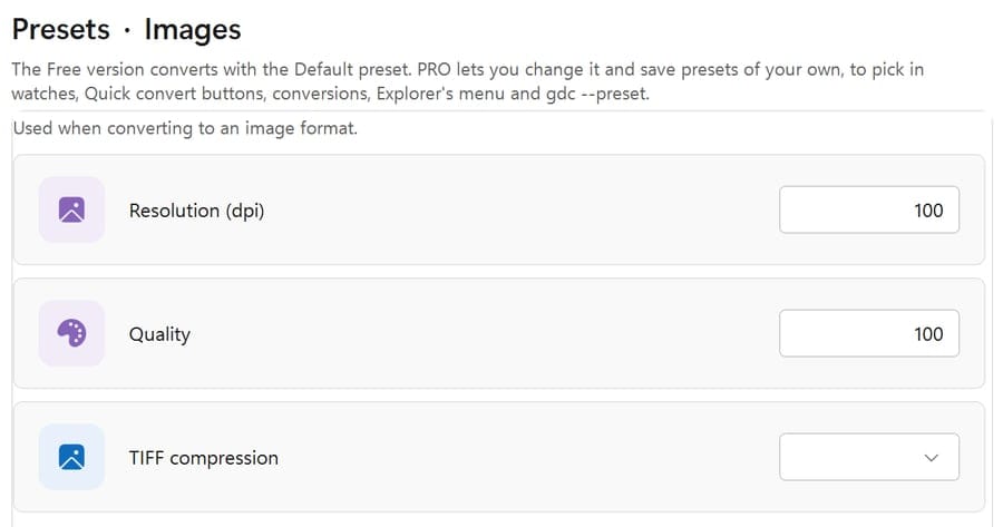 Presets, Images: resolution, quality and TIFF compression