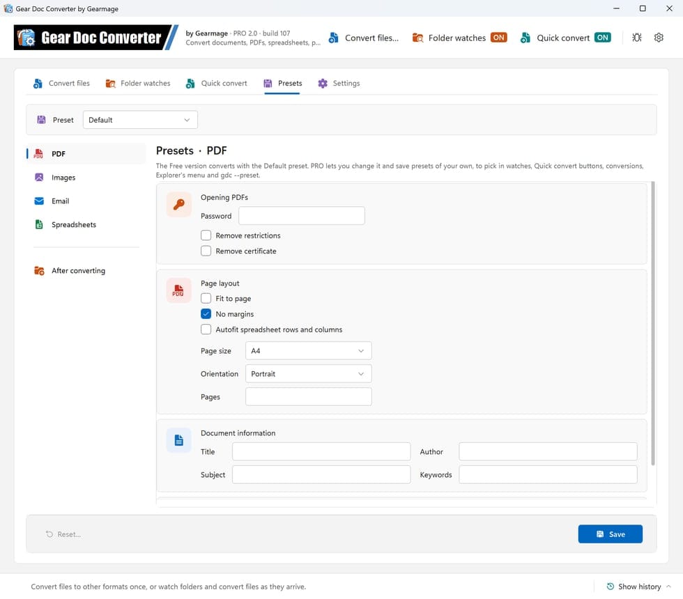 The Presets tab, the Default preset's PDF page: password, remove restrictions and certificate, fit to page, no margins, autofit spreadsheet rows and columns, page size, orientation and pages, and the title, author, subject and keywords