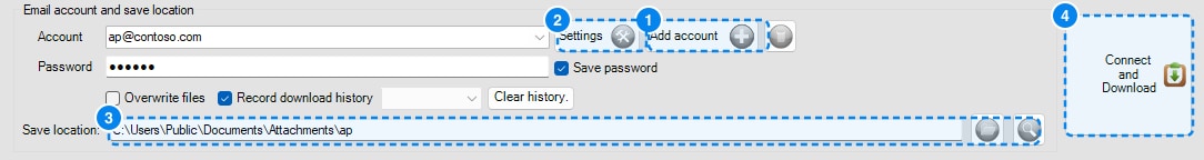 The account area of the main window, with the Add account and Settings buttons, the save location and the Connect and Download button numbered 1 to 4