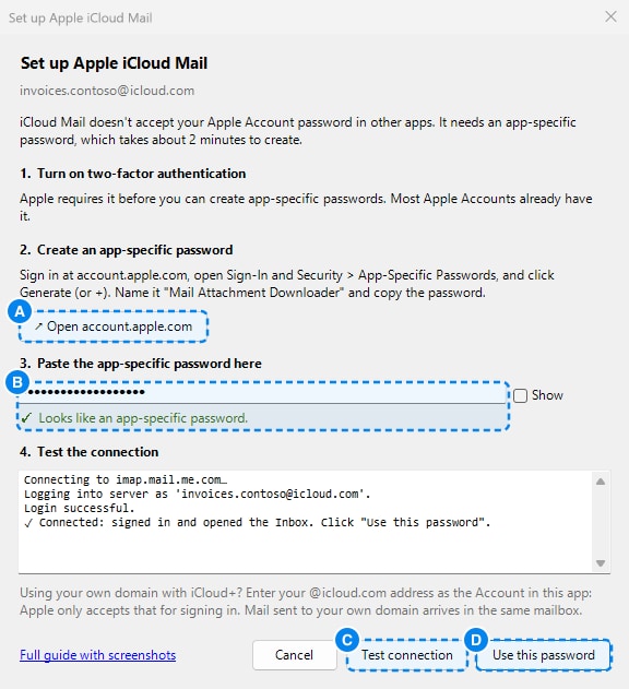 The Set up Apple iCloud Mail guide: a button to open account.apple.com (A), the box to paste the app-specific password with a check that it looks right (B), the Test connection button (C) and the Use this password button (D)