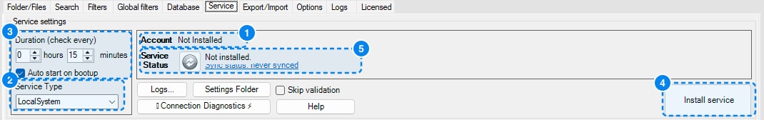 The Service tab with the account (1), Service Type (2), Duration and Auto start on bootup (3), the Install or Uninstall service button (4) and the service status with Sync status and the Reinstall to apply changes notice (5)