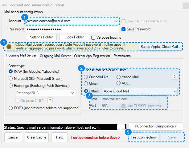 The Mail account and server configuration window: the Account dropdown (1), Other with Apple iCloud Mail picked from the provider list (2), the host and port filled in (3), the amber notice with a Set up Apple iCloud Mail button (4), and the Test Connection and Save buttons (5)