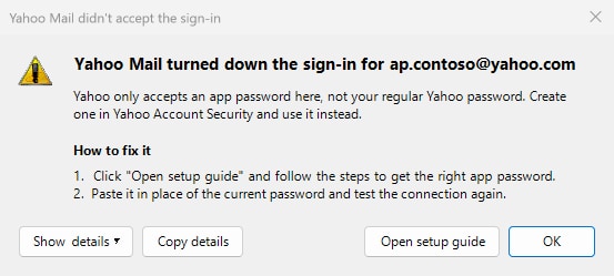 The Yahoo Mail didn't accept the sign-in window with an Open setup guide button