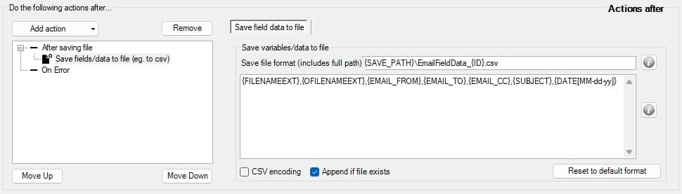 Mail Attachment Downloader PRO — Save .csv metadata action with Write index data file out field tokens