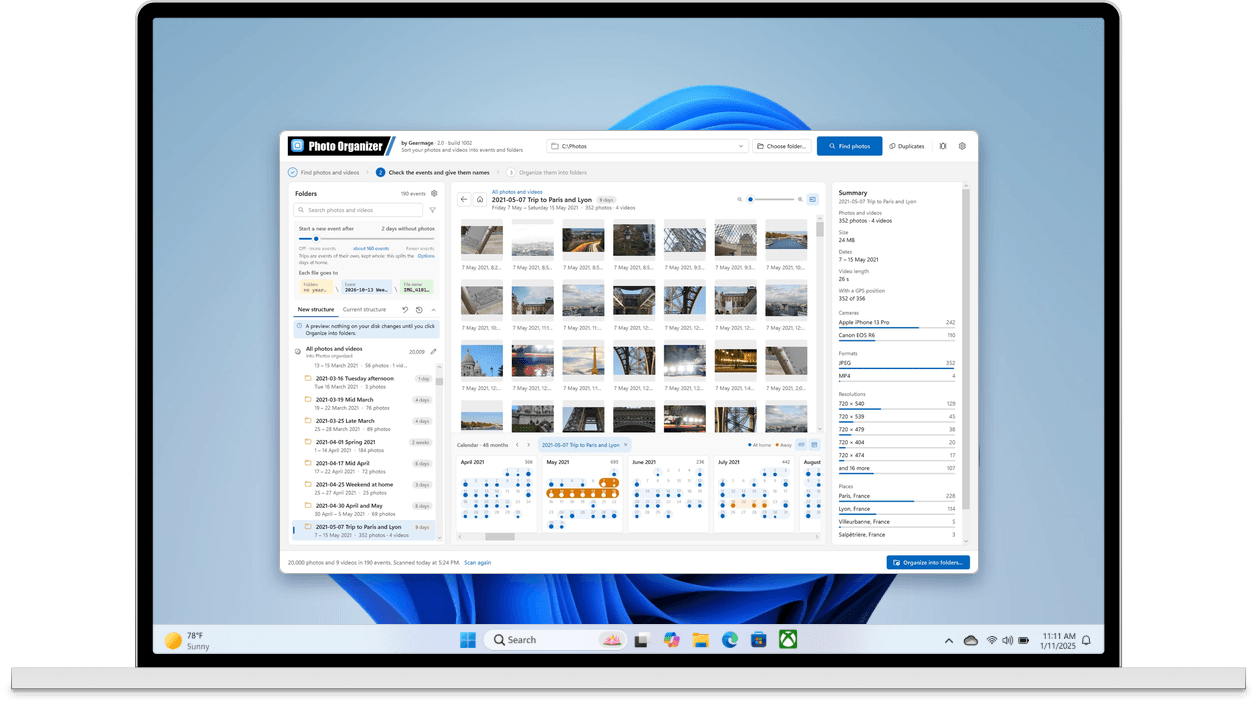 Photo Organizer running on a Windows laptop: a trip to Paris and Lyon with its photos and the calendar