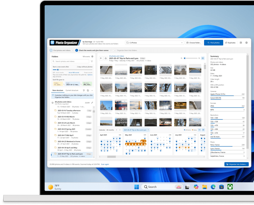 Photo Organizer running on a Windows laptop: a trip to Paris and Lyon with its photos and the calendar