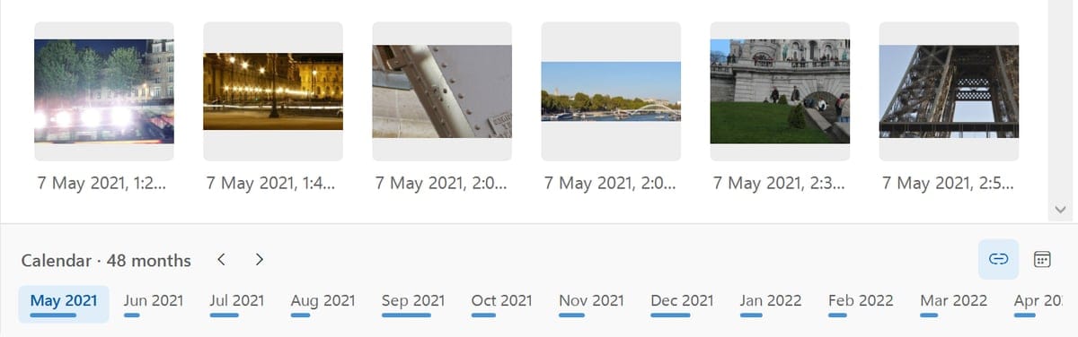 Il calendario compresso in una linea del tempo dei mesi, con maggio 2021 evidenziato e una barra per le foto di ogni mese